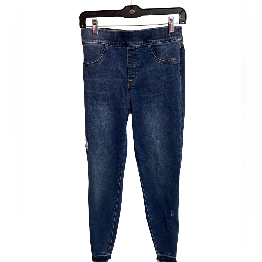 Spanx Distressed Ankle Skinny Jeans Size M Medium Wash Pull-On Raw Hem
